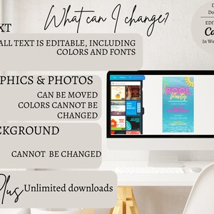 May include: A computer screen displaying a pool party invitation template with a blue background, a sun, and the text "Pool Party". The text "What can I change?" is displayed above the computer screen. The text "All text is editable, including colors and fonts" is displayed below the computer screen. The text "Graphics & Photos" is displayed below the computer screen. The text "Can be moved" is displayed below the computer screen. The text "Colors cannot be changed" is displayed below the computer screen. The text "Background" is displayed below the computer screen. The text "Cannot be changed" is displayed below the computer screen. The text "Plus Unlimited downloads" is displayed below the computer screen.