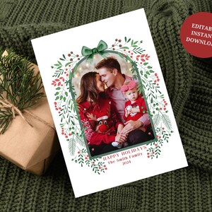 Foto Weihnachtskartenvorlage, Frohe Weihnachten Karte, Bogen Feiertagskarte, Klassische Botanische Weihnachtskarte, Digitale Weihnachtskarten Vorlage