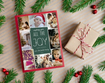 Puede incluir: Una tarjeta de Navidad roja con un collage de fotos familiares. La tarjeta tiene un fondo verde con el texto "Wishing you all the joy" y "Happy Holidays". La tarjeta también incluye el texto "Love, the Smith Family 2022".