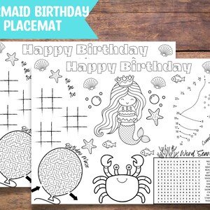 Mermaid Birthday Party Placemat Activity Sheet,Birthday Favor Printable for Kids Party, Kids activity sheet, Mermaid Birthday activity sheet