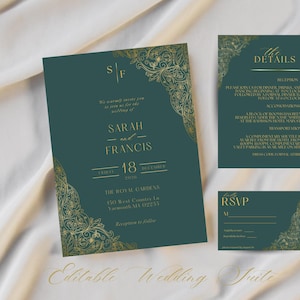 Donkergroene trouwsuite, trouwkaart met gouden glitterprint, RSVP-kaart met QR-code, afdrukbare trouwkaarten, groen en goud