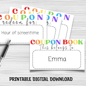 Tarjetas de cupón - Cupones en blanco, Libro de cupones para niños, Vales, Regalo del 1er aniversario -Cupones imprimibles, Libro de cupones imprimible, Regalo para ella