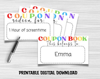 Coupon Cards - Blank Coupons, Coupon Book for Kids, Vouchers, 1st Anniversary Gift -Printable Coupons, Printable Coupon Book, Gift for her