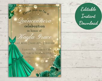 Könnte beinhalten: Eine goldene und grüne Quinceañera-Einladung mit einer Krone, Blumen und einem grünen Kleid. Der Text lautet: "Bitte schließen Sie sich uns zu einer Quinceañera-Feier zu Ehren von Kayla Grace an. Samstag, 20. Mai, 11:00 Uhr. Eastern Pine Country Club, 123 Main St Anywhere USA. RSVP bis zum 30. April an Love@@@Love.com"