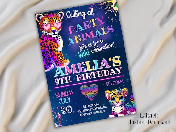 rainbow leopard party animal birthday invitation for girl | cute & colorful neon safari snow leopard birthday party invite editable template