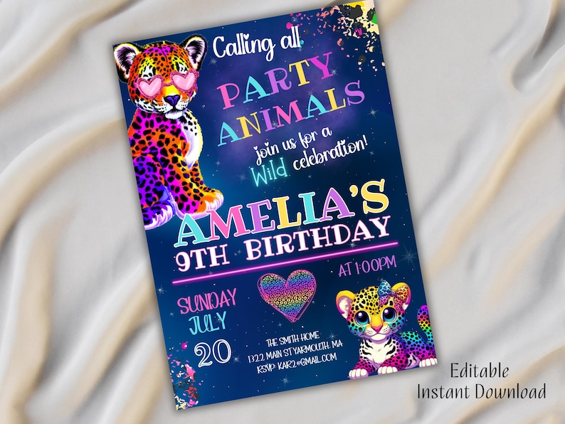 Puede incluir: Una invitaci&oacute;n de fiesta azul y morada con un animal de estampado de leopardo que lleva gafas de sol y un coraz&oacute;n arco&iacute;ris. El texto dice "Calling all Party Animals join us for a Wild celebration! Amelia's 9th Birthday at 1:00PM Sunday July 20".