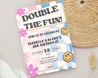 Double the Fun Birthday Invitation Template, Twin Birthday Invitation, Joint Birthday Invite, Kids Birthday, Editable Instant Download