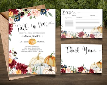Fall Bridal Shower Invitation Template, Fall in Love invitation, Pumpkin Bridal Shower Thank you Card, Recipe Card, fall bridal shower