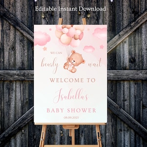 Editable brown Bear Baby Shower Welcome Sign, We Can Bearly Wait Baby Shower Poster, pink Boho Bear Baby Shower Decor, printable baby sign