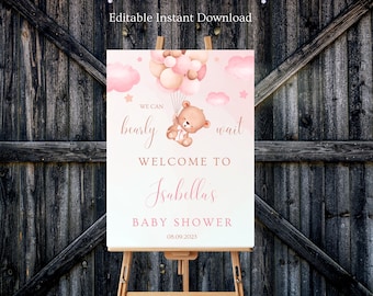 Editable brown Bear Baby Shower Welcome Sign, We Can Bearly Wait Baby Shower Poster, pink Boho Bear Baby Shower Decor, printable baby sign