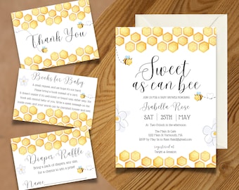 May include: A baby shower invitation with a honeycomb pattern and a bee illustration. The invitation reads "Sweet as can bee" and includes the name "Isabella Rose" and the date "Sat | 25th | May".