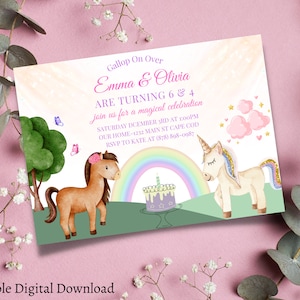 Sibling Birthday invitation, Unicorns and horses ,Sibling party, Joint Birthday,Horses, Unicorns, Editable Template INSTANT DOWNLOAD