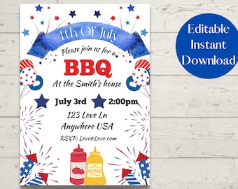 4th of July invitation, BBQ Invite, Printable invitation template, 4th of July party invite, 4th of July BBQ, Cookout invite, 4th of July