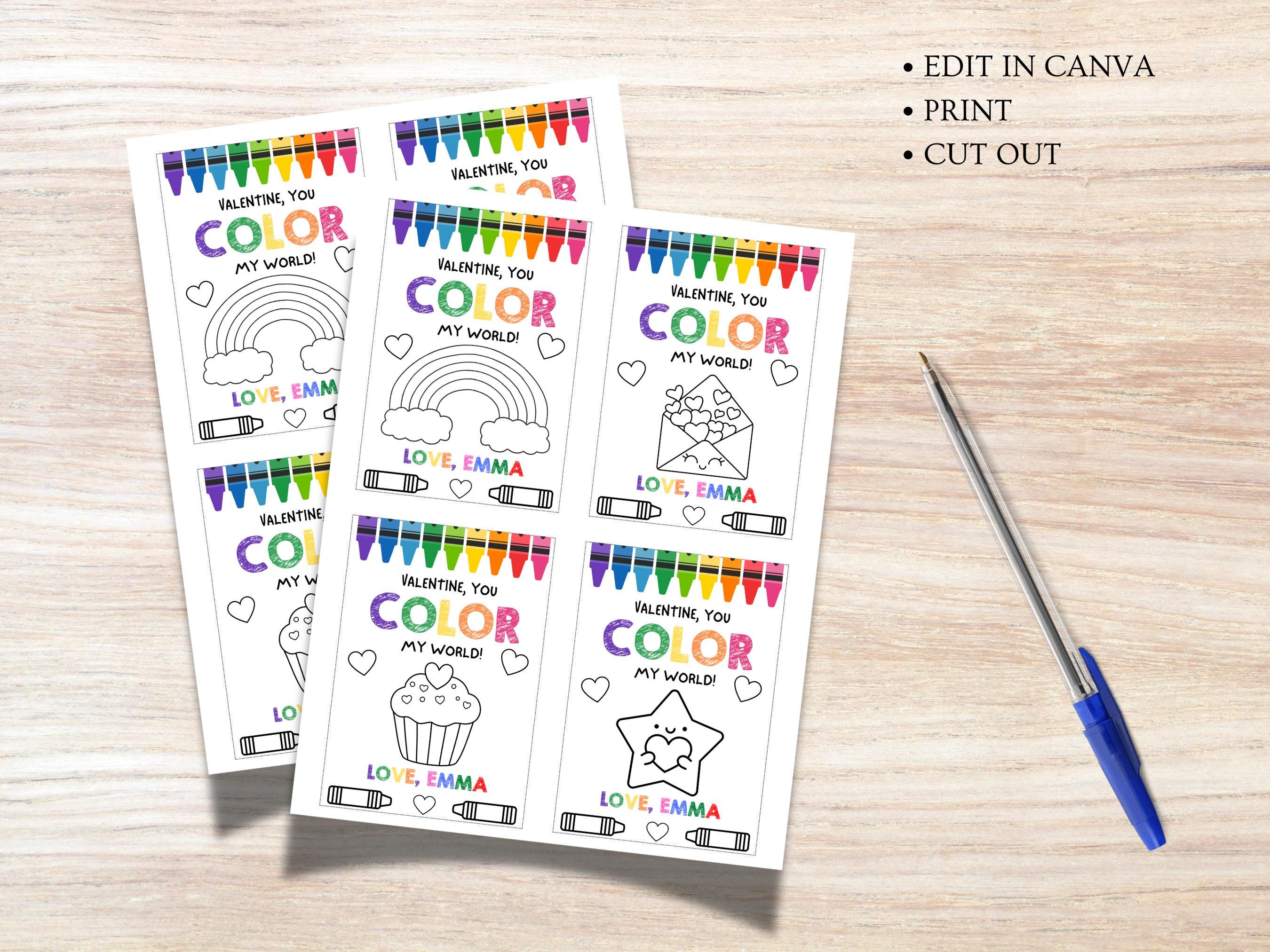Valentine Cards for Kids PRINTABLE, Color My World Valentines ...