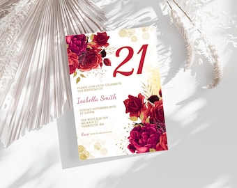 May include: A 21st birthday invitation with a floral design. The invitation features the number "21" in red, with text that reads "Please join us to celebrate the birthday of Isabella Smith." The invitation includes the date, time, and location.