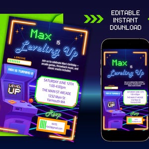 Arcade-Geburtstagseinladung bearbeitbar in Canva, Retro-Gaming-Party einladen, digitales Videospiel-Geburtstagsvorlage für Kinder, anpassbare Karte