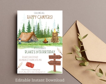 Camping Birthday Invitation Template Adventure Forest Camp Birthday Invitation Camper Birthday Invite Backyard Bonfire Party Phone Invite