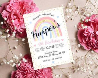 May include: A white invitation with gold glitter stars and a rainbow with pink, blue, and yellow stripes. The text reads "Please join us to celebrate Harper's 4th Birthday, Saturday 12.21.23 1:00pm, Harper's Home 1232 Main St. Yarmouth MA, RSVP Kate-787-098-5465".