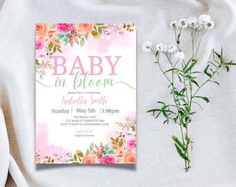 Paquete de invitación de baby shower editable Baby in Bloom, paquete de invitación de baby shower de flores de primavera, invitación de baby shower de flores silvestres, bebé floral
