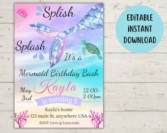 Mermaid Birthday Invitation, Editable Party Supply, Kids Invitation Template, Girl Birthday Invite, Under the Sea Invitation, Gift for Girl