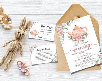 Editable Tea Party Baby Shower Invitation Template, Tea Party , Pink Floral Girl Baby Is Brewing, Digital Printable Instant download