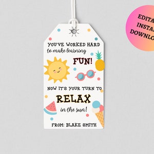 Bearbeitbarer Sommer-Lehrer-Anerkennungs-Geschenkanhänger für Kinder, die an der Reihe sind, um sich in der Sonne zu entspannen, Anhänger, Schuljahresende-Tag, Lehrer-Tag zum Ausdrucken