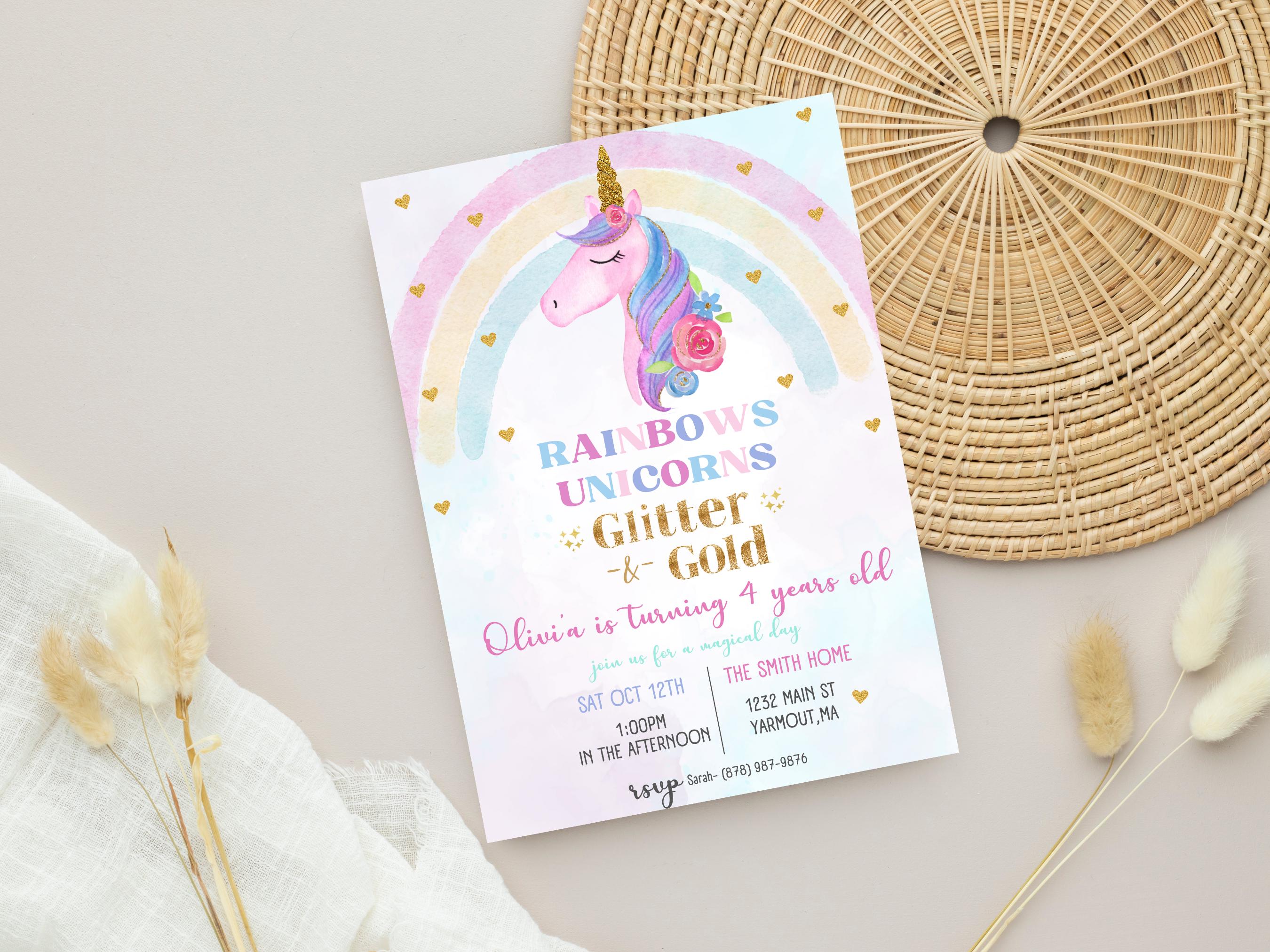 Unicorn Rainbow Birthday Invitation Unicorns Rainbows Sparkles and Gold ...