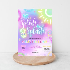 Editable Splish Splash Birthday Party Invitation Glow Neon Tie Dye Summer Water Slide Waterpark Pool Birthday Party Instant Download