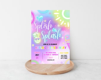 Editable Splish Splash Birthday Party Invitation Glow Neon Tie Dye Summer Water Slide Waterpark Pool Birthday Party Instant Download