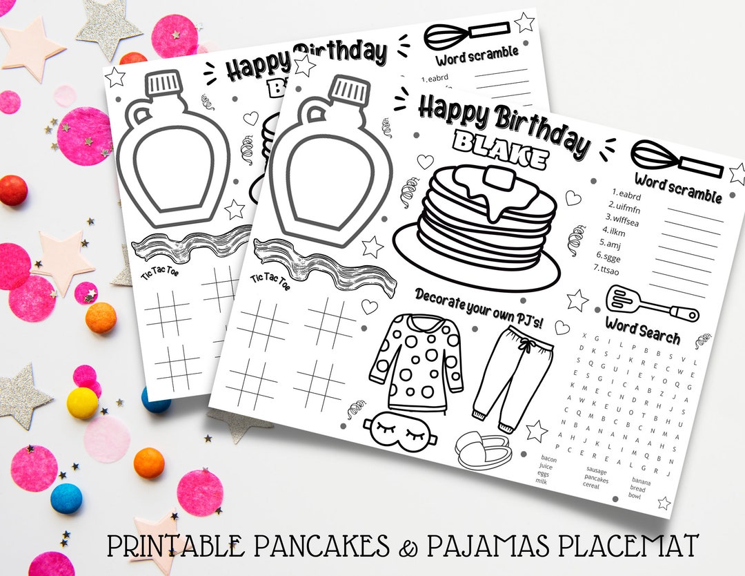 Printable Pancakes and Pajamas Coloring Placemat, Personalized, Digital