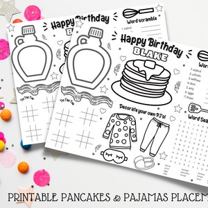 Printable Pancakes and Pajamas Coloring Placemat, Personalized, Digital File, Custom, Pancake Party, PJ Party, Sleepover, Activity Mat