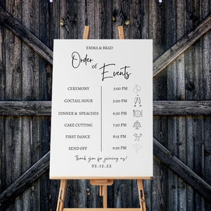 結婚式のタイムライン テンプレート、最小限のイベント順序の結婚式のタイムライン サイン、印刷可能なタイムライン、DIY 結婚式のサイン、結婚式のタイムライン