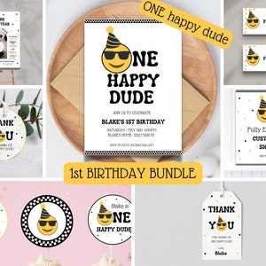 ONE Happy Dude Birthday Bundle, Editable Smiley Face Invitation Pack, Instant Download, ONE Happy Dude Boy Birthday Package, First Birthday