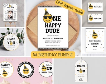 ONE Happy Dude Birthday Bundle, Editable Smiley Face Invitation Pack, Instant Download, ONE Happy Dude Boy Birthday Package, First Birthday