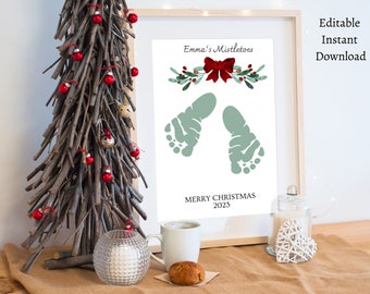 Pegada de visco | Lembrança de pegada de bebê de Natal faça você mesmo | Placa de pegada de criança | Tinta faça você mesmo para presente de Natal | Primeiro Natal do bebê