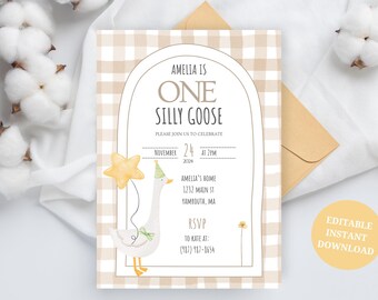 One Silly Goose Birthday Invitation Template | Editable 1st Birthday Printable Invite | Goose First Birthday,Neutral first birthday,ONE