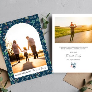 Szablon świątecznej kartki ze zdjęciem | Arch Christmas Card | Boho Holiday Card | Christmas Tree Card | Merry Christmas | Edytowalny szablon