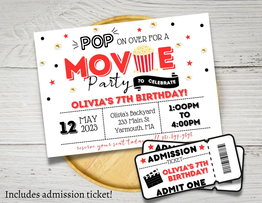 Movie Birthday Invitation, Cinema Birthday Invitation, Pop on Over ...