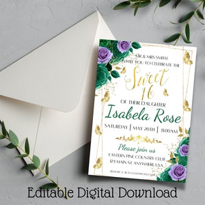 Smaragdgrün Blumen Schmetterlinge Sweet 16 Einladung EDITIERBARE VORLAGE, Sweet 16 Geburtstag Sofortiger Download PDF druckbar, Sweet 16 einladen