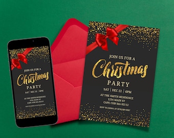 May include: A black and gold Christmas party invitation with a red bow and gold glitter. The invitation reads "Join us for a Christmas Party" with the date and time of the party, the location, and RSVP information.