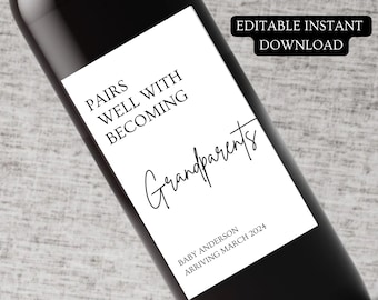 Baby Announcement Wine Labels | Personalized Pregnancy Announcement Gift | Pairs well with being Grandparents | Gift for New Grandparent
