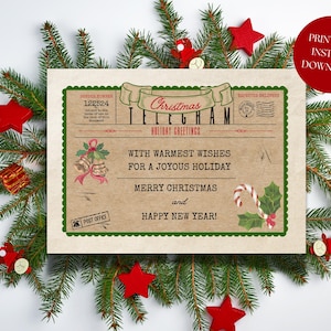 May include: Printable Christmas telegram card with a green border and the text "Christmas Telegram Holiday Greetings" in red and white. The card has a brown background with the text "With warmest wishes for a joyous holiday Merry Christmas and Happy New Year!" in black. The card is decorated with a red bell, a candy cane, and holly.