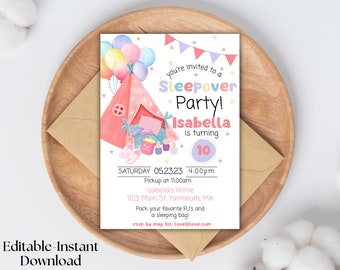 Sleepover Birthday Minimalist Invitation Set, Slumber Party Invite, Girl Pajama Party ,Glamping Tent Digital ,Printable Editable Download