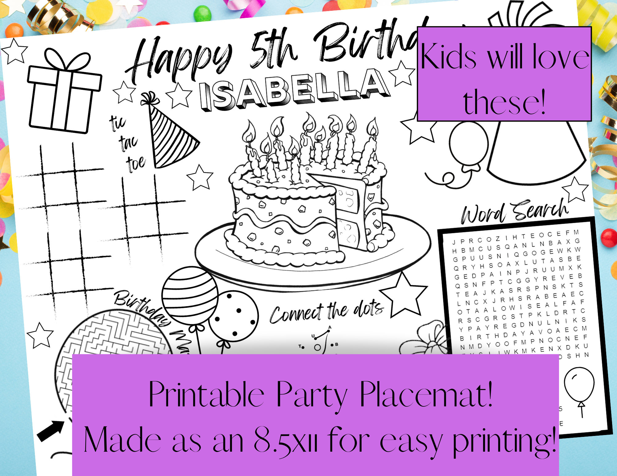 Personalized Kids Birthday Party Placemat Activity Sheet,birthday Favor ...