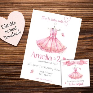 Bearbeitbare hübsche Ballerina-Geburtstagseinladungsvorlage. Digitaler Download, druckbare Ballett-Party einladen, Tutu nette papierlose Einladung