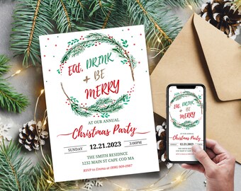 Peut inclure: Une invitation à une fête de Noël avec un design de couronne aquarelle. Le texte indique "Eat, Drink + Be Merry" et "At Our Annual Christmas Party". La date est le dimanche 21 décembre 2023 à 15h00. Le lieu est The Smith Residence, 1232 Main St Cape Cod MA. RSVP à Emma au (898) 909-0987.