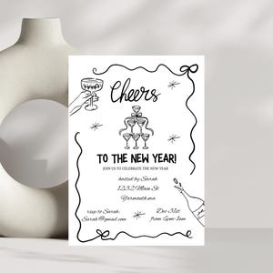 New Years Eve Party Invitation Hand Drawn, Whimsical New Year Party Invite, Disco Ball, Champagne Tower, Editable Template, NYE Party invite image 3