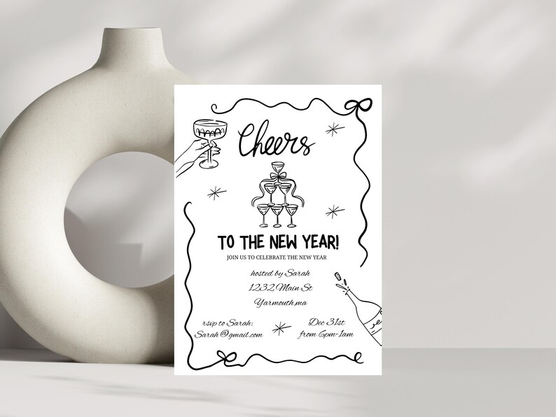 New Years Eve Party Invitation Hand Drawn, Whimsical New Year Party Invite, Disco Ball, Champagne Tower, Editable Template, NYE Party invite image 3