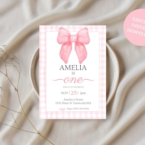 Editable Pink Bow Birthday Invitation, 1st Birthday, First Birthday Invite, Pink Bow Invitation Template, Girls Just Wanna Be ONE, Gingham
