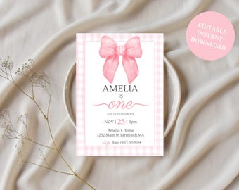 Editable Pink Bow Birthday Invitation, 1st Birthday, First Birthday Invite, Pink Bow Invitation Template, Girls Just Wanna Be ONE, Gingham